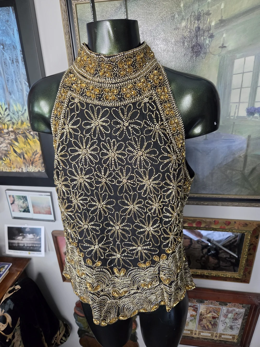 Vintage Laurence Kazar Floral Beaded 100% Silk Black & Gold Halter Top Medium